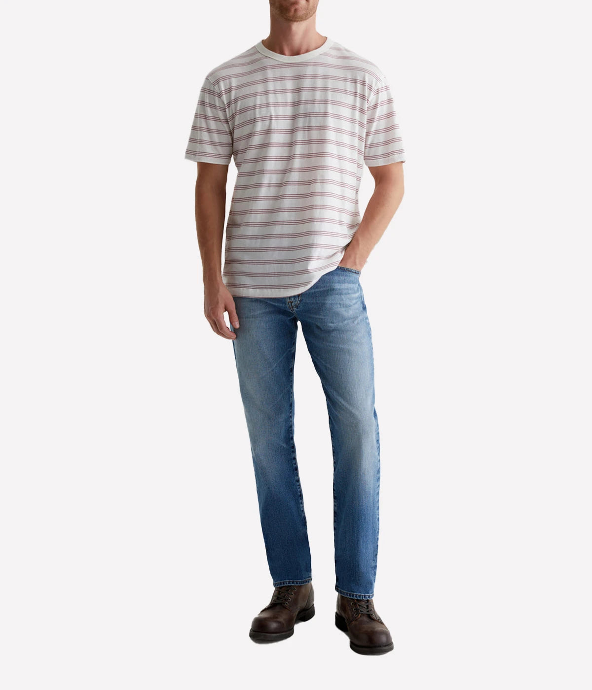 The Graduate men's straight jean, featuring a slim mid-rise waist with a relaxed fit from hip to knee, tapering at the leg opening. Detailed measurements include a 10" front rise, 17" knee opening, 15.5" bottom opening, and 32" inseam.