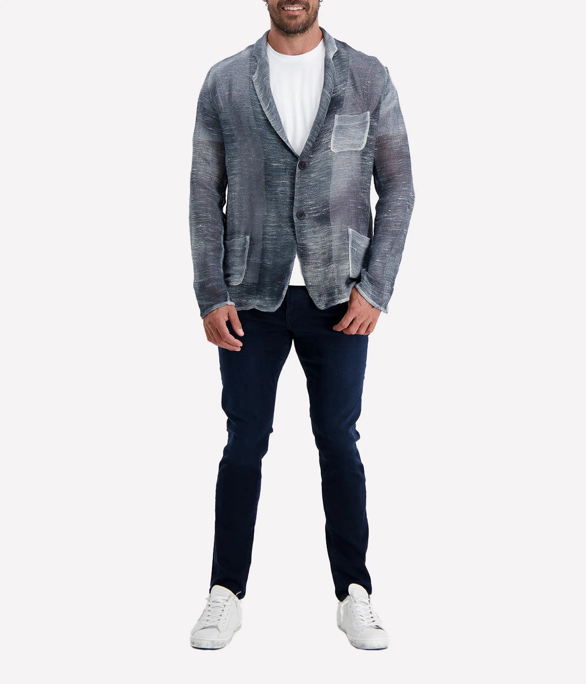 Avant Toi Hand-Painted Linen Jacket in Husky features a unique hand-painted finish on lightweight linen fabric, offering a relaxed fit and sophisticated husky color for versatile, stylish layering.