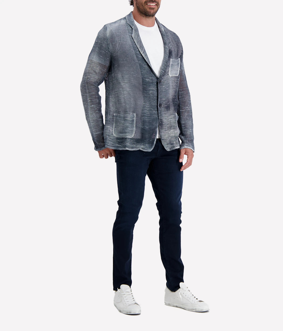 Avant Toi Hand-Painted Linen Jacket in Husky features a unique hand-painted finish on lightweight linen fabric, offering a relaxed fit and sophisticated husky color for versatile, stylish layering.