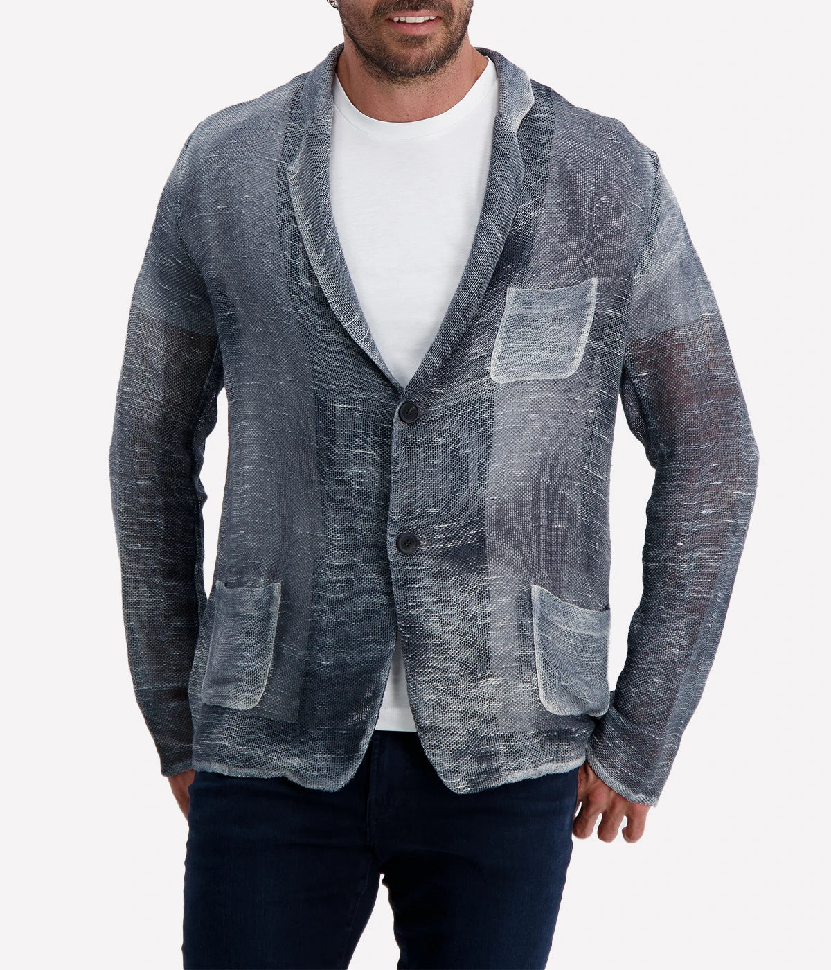 Avant Toi Hand-Painted Linen Jacket in Husky features a unique hand-painted finish on lightweight linen fabric, offering a relaxed fit and sophisticated husky color for versatile, stylish layering.