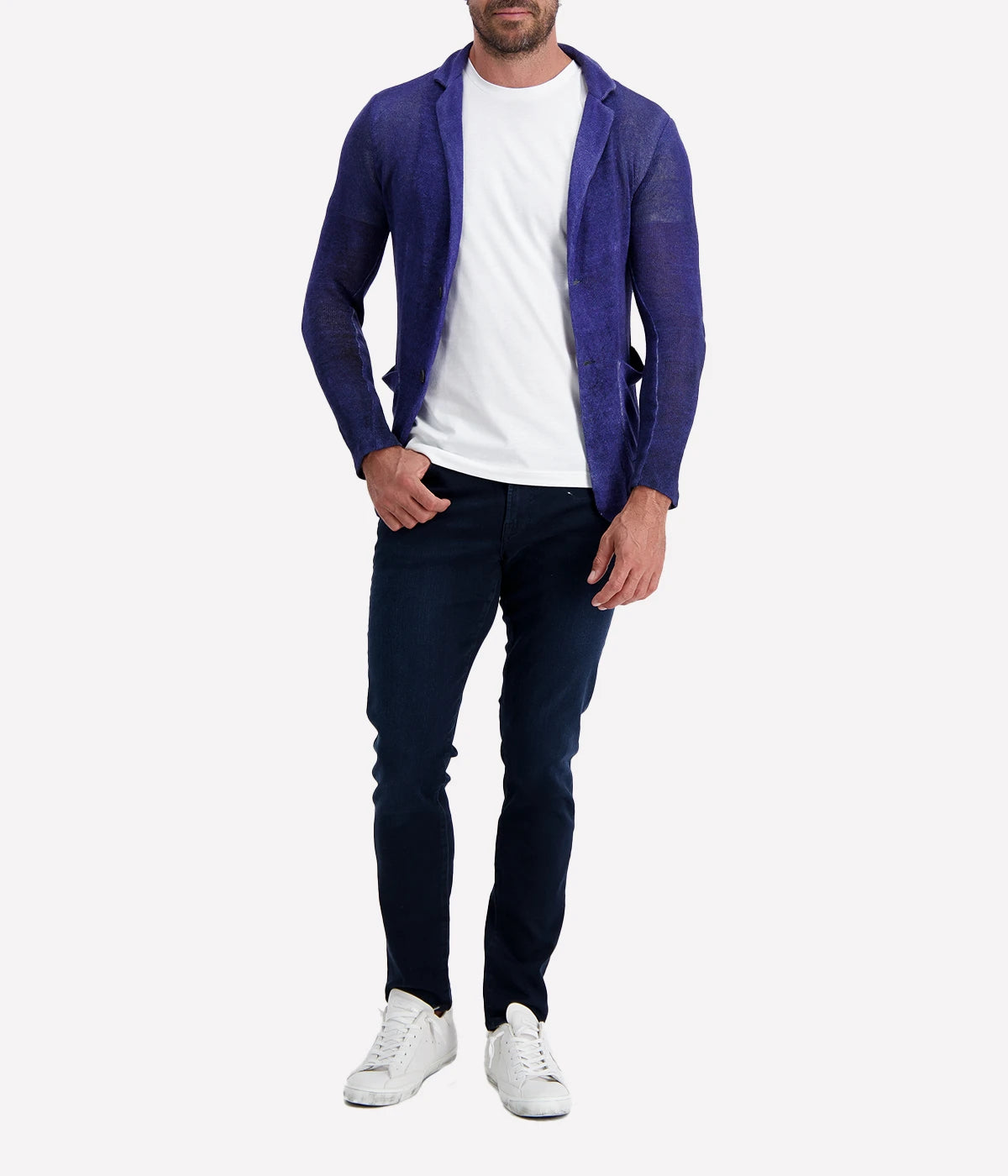 Avant Toi Hand-Painted Linen Jacket in Midnight features a unique hand-painted finish on lightweight linen fabric, offering a relaxed fit and sophisticated midnight blue color for versatile, stylish layering.