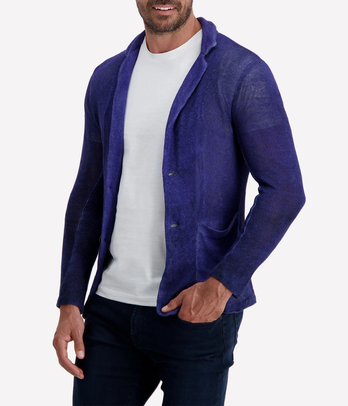 Avant Toi Hand-Painted Linen Jacket in Midnight features a unique hand-painted finish on lightweight linen fabric, offering a relaxed fit and sophisticated midnight blue color for versatile, stylish layering.