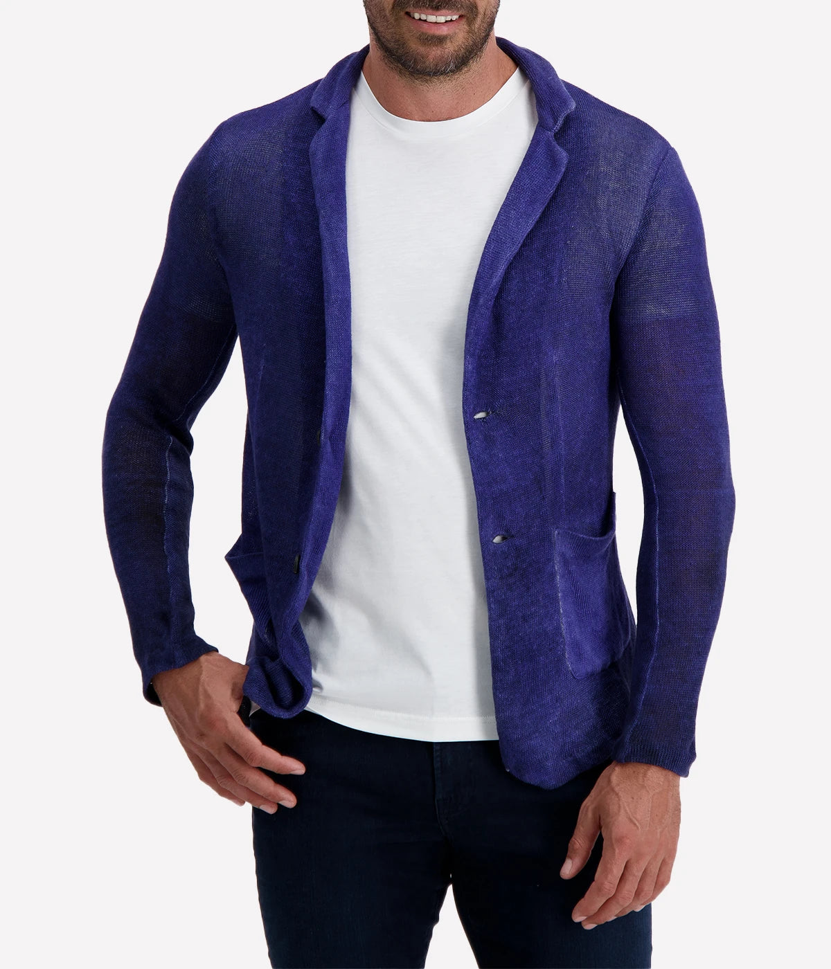 Avant Toi Hand-Painted Linen Jacket in Midnight features a unique hand-painted finish on lightweight linen fabric, offering a relaxed fit and sophisticated midnight blue color for versatile, stylish layering.