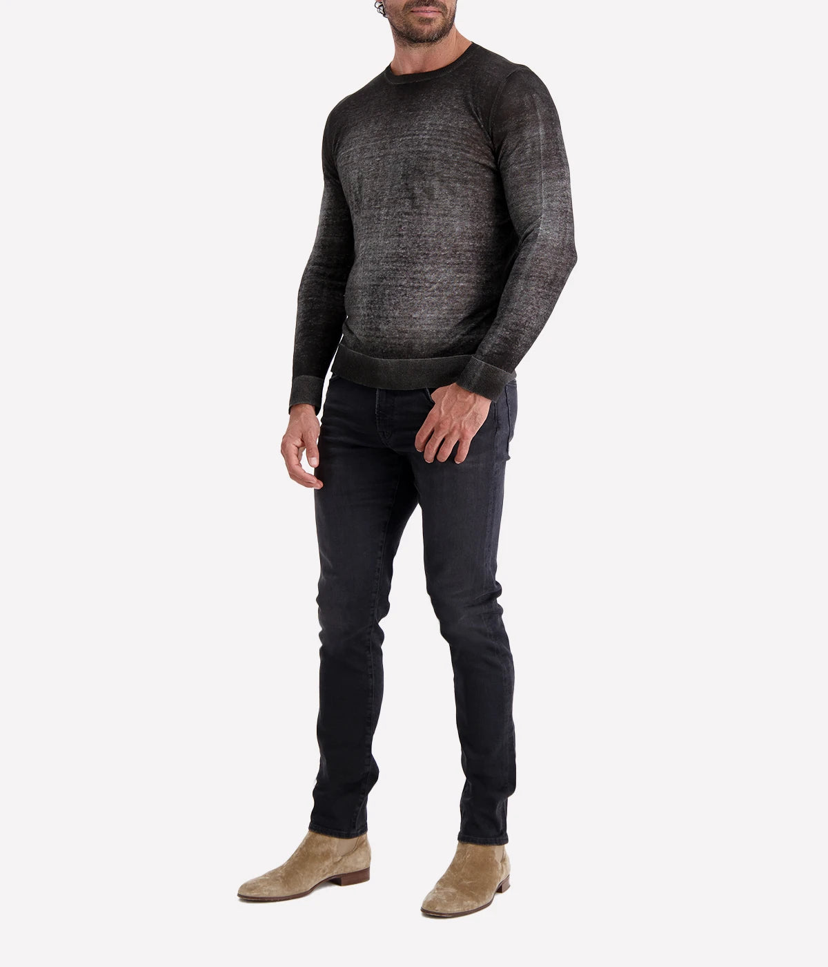 Avant Toi Hand-Painted Round Neck Pullover in Husky, a lightweight hand-dyed knit crafted from linen and viscose. Perfect for versatile wear, from afternoon activities to dinner. Made in Italy.