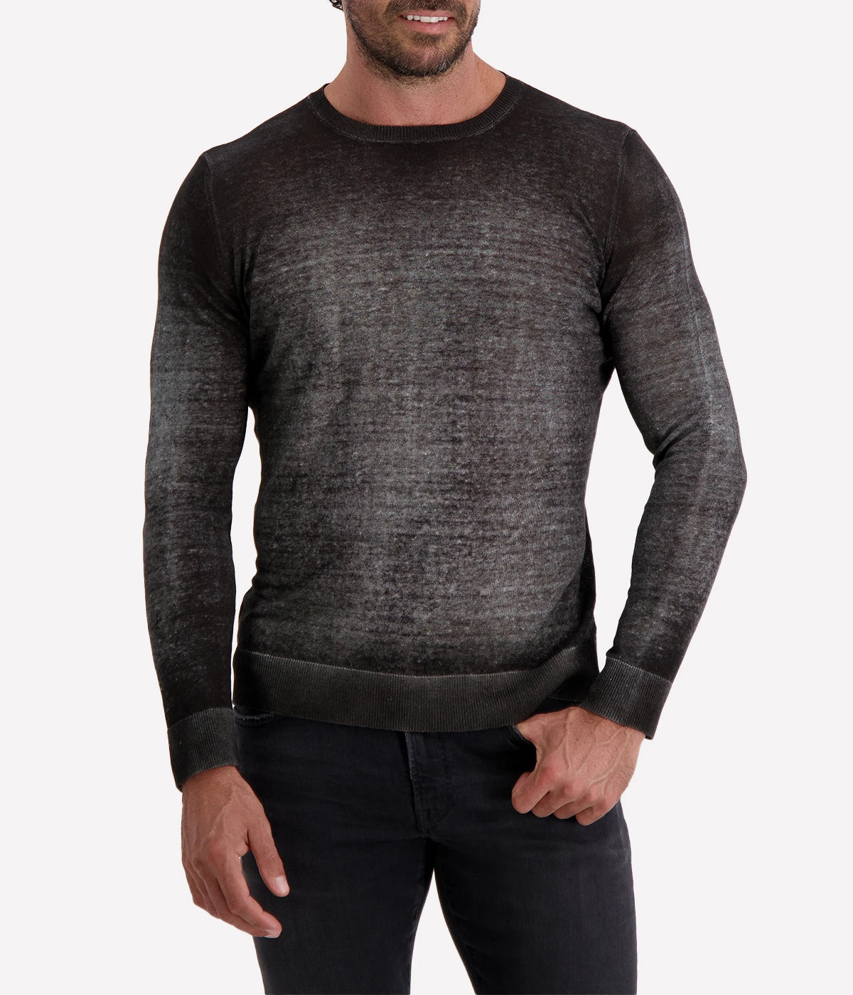 Avant Toi Hand-Painted Round Neck Pullover in Husky, a lightweight hand-dyed knit crafted from linen and viscose. Perfect for versatile wear, from afternoon activities to dinner. Made in Italy.