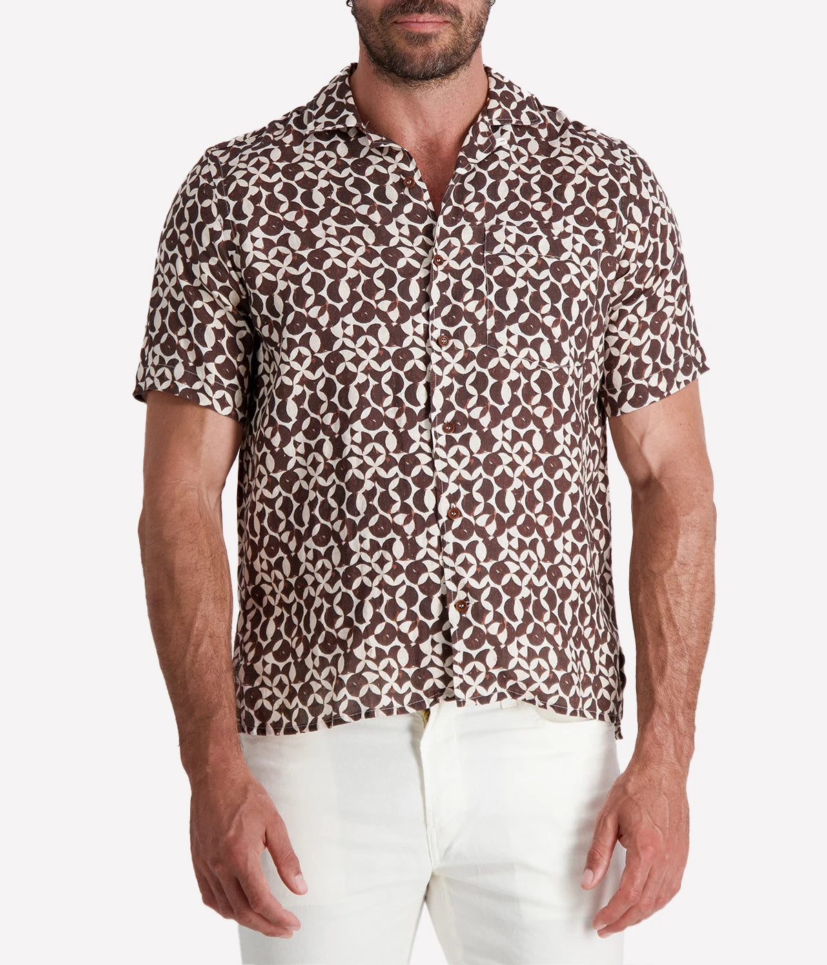 Osvaldo Trucchi short-sleeve Hawaiian shirt in breathable linen with a brown and white pattern. Features a relaxed camp collar and an easy, stylish fit for warm-weather wear.