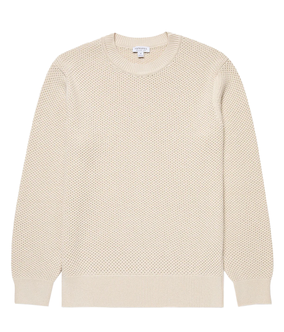 Ecru honeycomb-knit cotton sweater with ribbed trims and a clean tubular seam at the neck for a refined, effortless look.