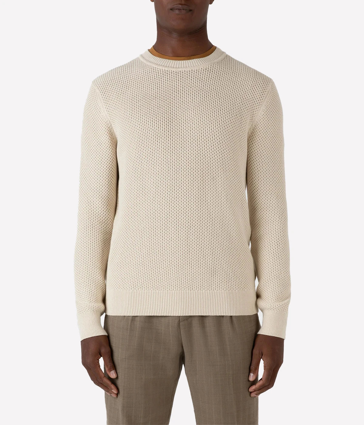 Ecru honeycomb-knit cotton sweater with ribbed trims and a clean tubular seam at the neck for a refined, effortless look.