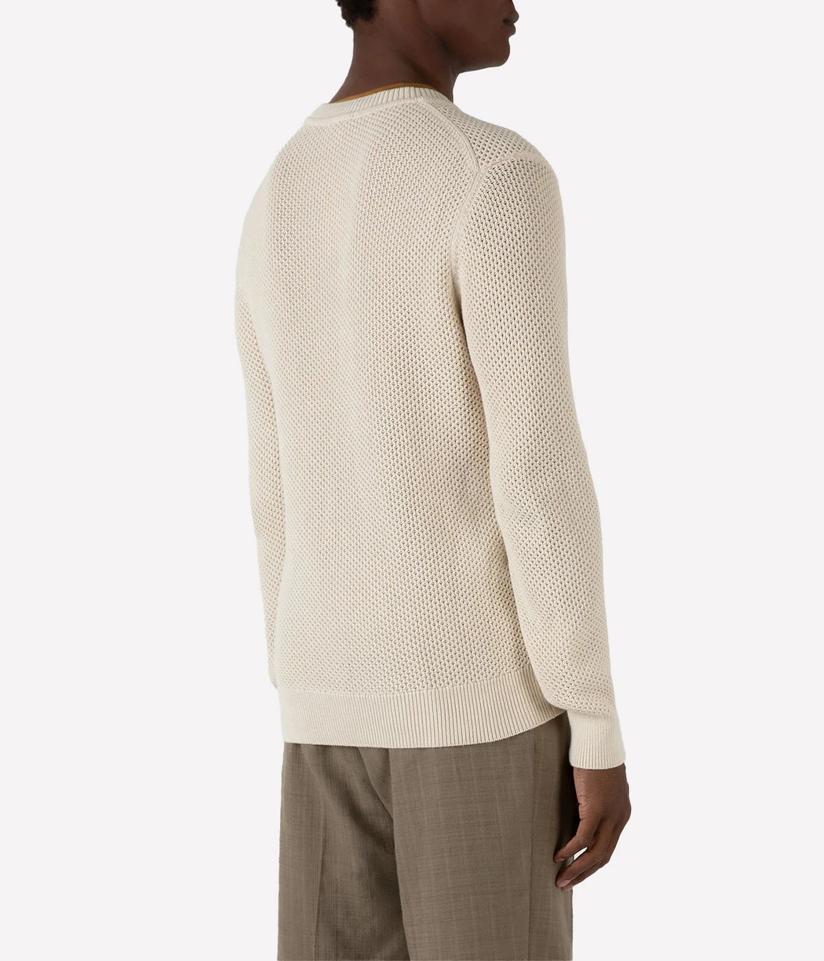 Ecru honeycomb-knit cotton sweater with ribbed trims and a clean tubular seam at the neck for a refined, effortless look.