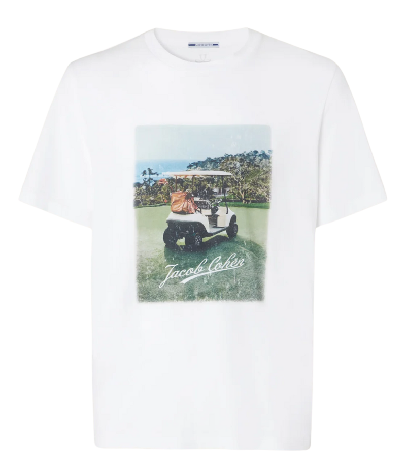 White crewneck graphic T-shirt with short sleeves, featuring a golf-themed print on the front and a logo on the back. Made of 100% cotton. Made in Italy.