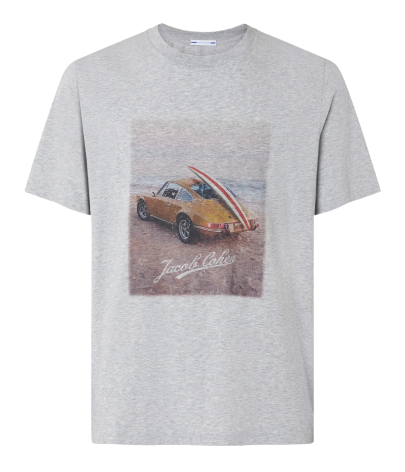 Grey crewneck graphic T-shirt with short sleeves, featuring a surf-themed print on the front and a logo on the back. Made of 100% cotton. Made in Italy.