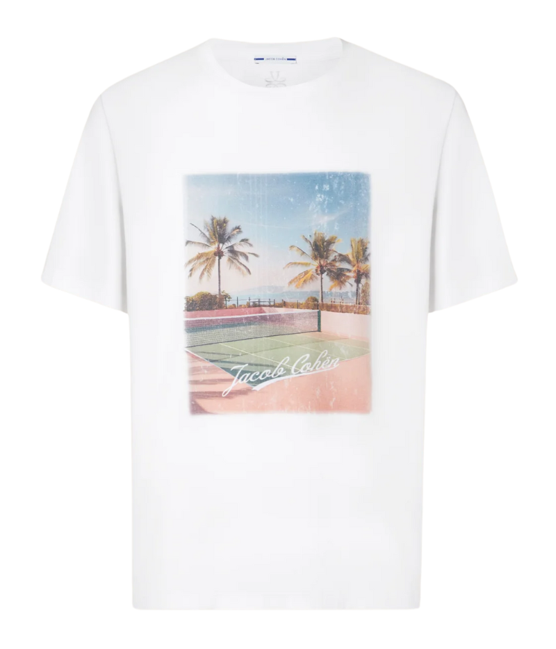 White crewneck graphic T-shirt with short sleeves, featuring a tennis-themed print on the front and a logo on the back. Made of 100% cotton. Made in Italy.