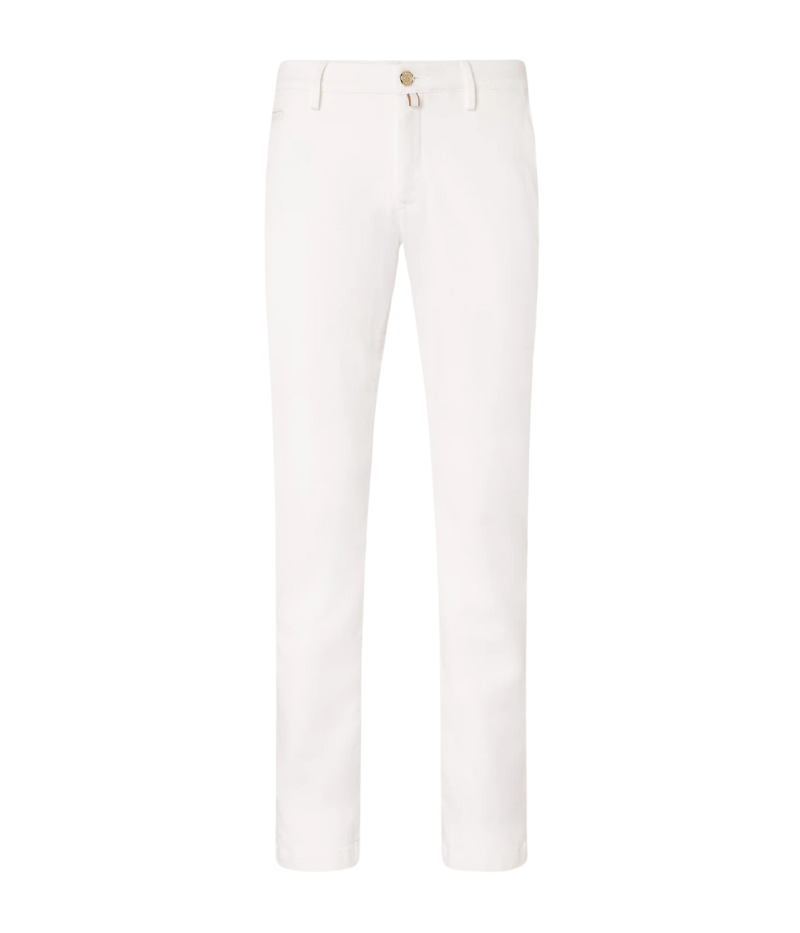 White slim-fit chino pants with a low waist, made from soft stretch cotton with an enzyme-washed, optical bleached finish. Features a white suede back patch with a gunmetal-finish logo and a gold-tone button. Made in Italy.