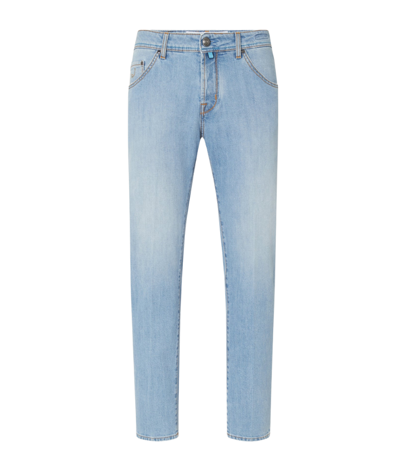 Light blue cropped carrot-leg jeans with a slim fit and low crotch. Made from soft, bleach-washed comfort denim with whiskering and distressed details. Features a beige nubuck back patch and vintage silver-tone button. Made in Italy.