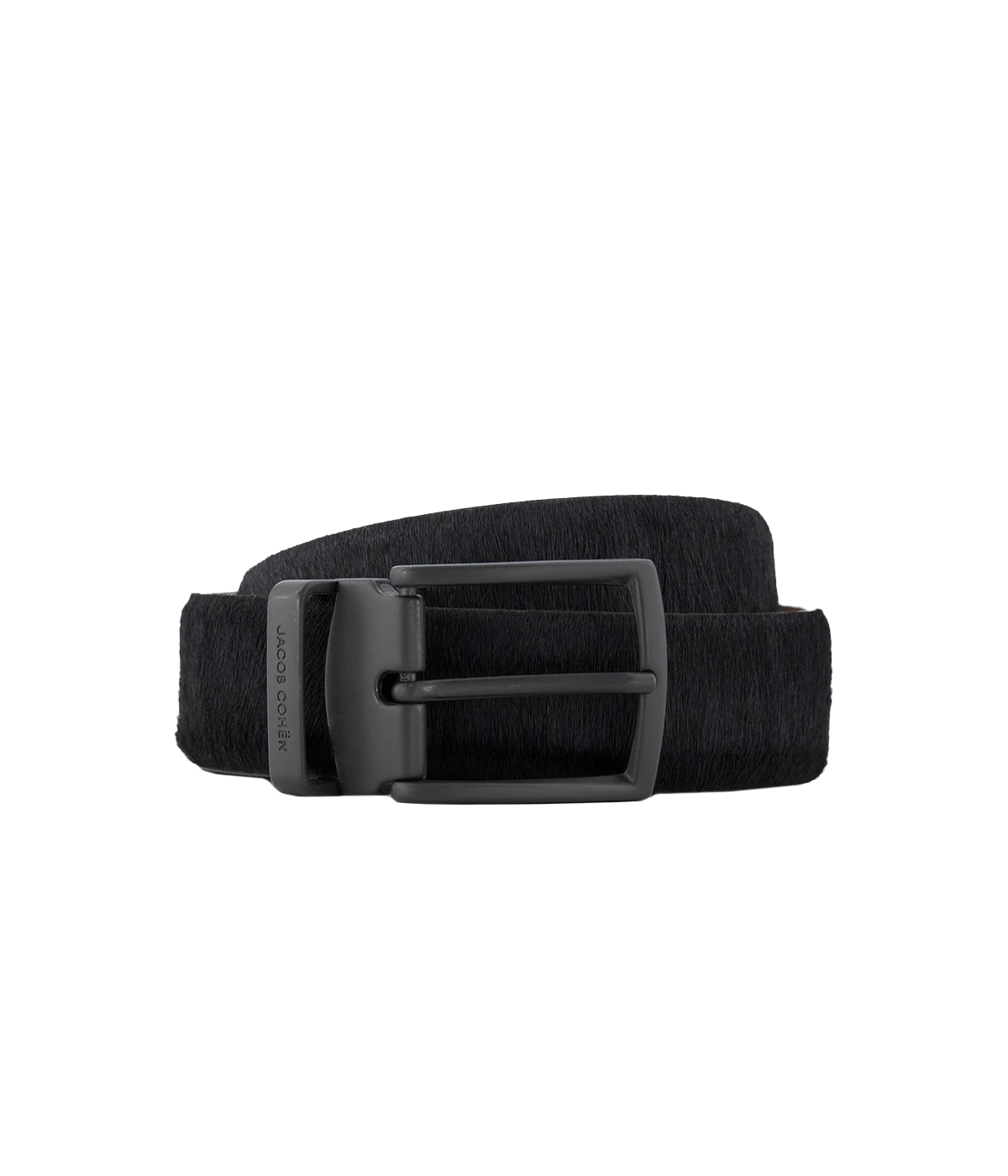 Jacob Cohën black calf-hair leather belt with a matte black buckle and subtle logo detailing on the interior, offering a sleek and sophisticated finish.