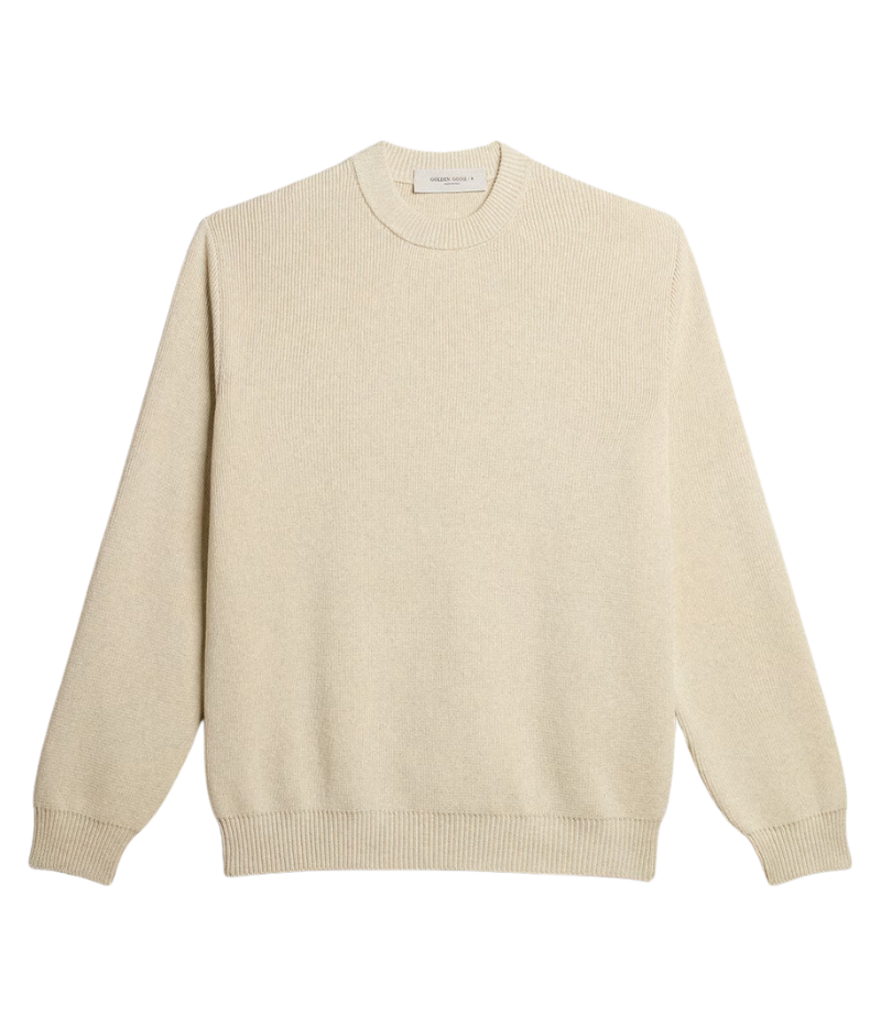 Soft panama-coloured cotton sweater with a round neck, regular fit, and subtle tone-on-tone Golden logo embroidery on the back. Finished with the signature double gold star detail.