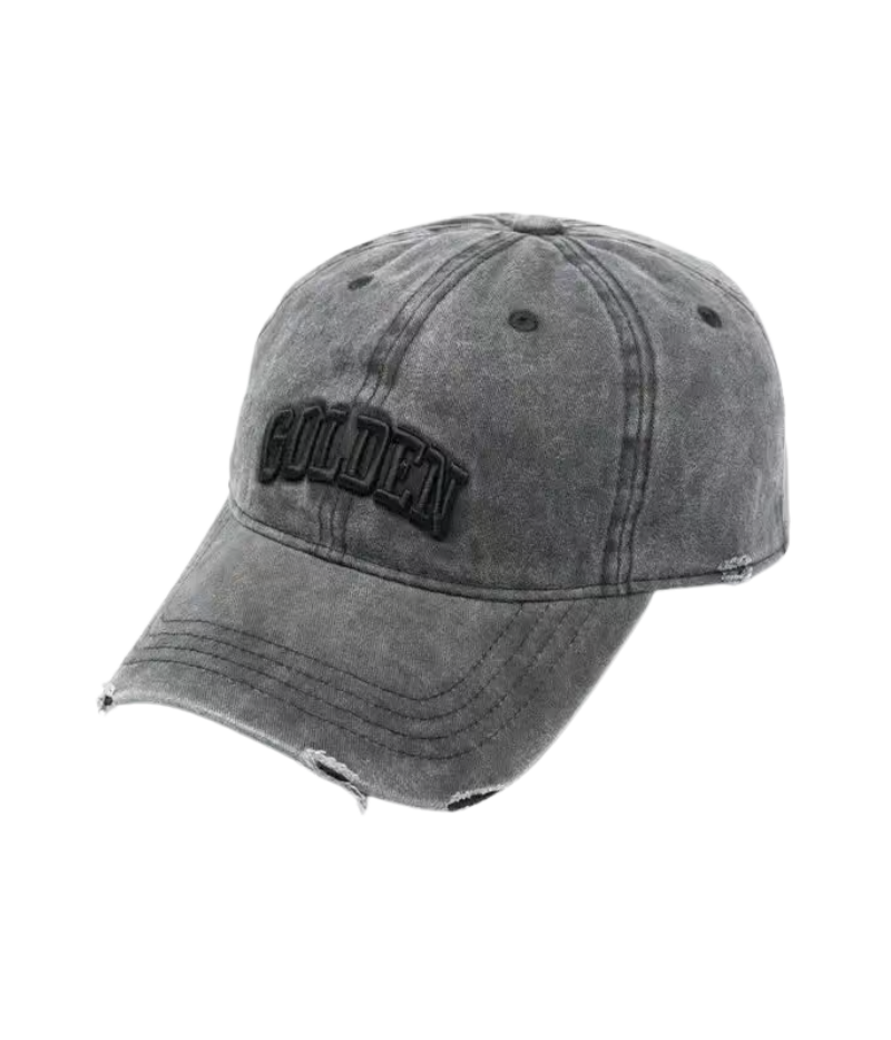 Golden Goose Distressed Baseball Cap in anthracite gray, featuring bold "Golden" embroidery on the front and subtle distressing for a lived-in feel. Crafted from 100% cotton for effortless style and comfort. Made in Italy.