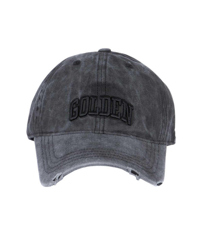 Golden Goose Distressed Baseball Cap in anthracite gray, featuring bold "Golden" embroidery on the front and subtle distressing for a lived-in feel. Crafted from 100% cotton for effortless style and comfort. Made in Italy.