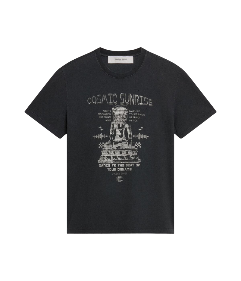 Golden Goose Journey Printed T-Shirt in washed black, featuring a vintage-inspired worn-in finish, a bold white Cosmic Sunrise print, and the brand’s signature double star detail on the back. Crafted from 100% cotton for a soft, comfortable fit. Made in Italy.