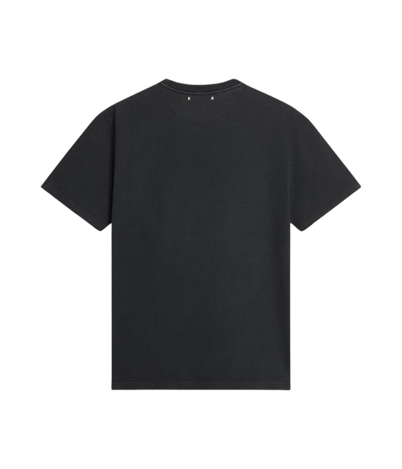 Golden Goose Journey Printed T-Shirt in washed black, featuring a vintage-inspired worn-in finish, a bold white Cosmic Sunrise print, and the brand’s signature double star detail on the back. Crafted from 100% cotton for a soft, comfortable fit. Made in Italy.