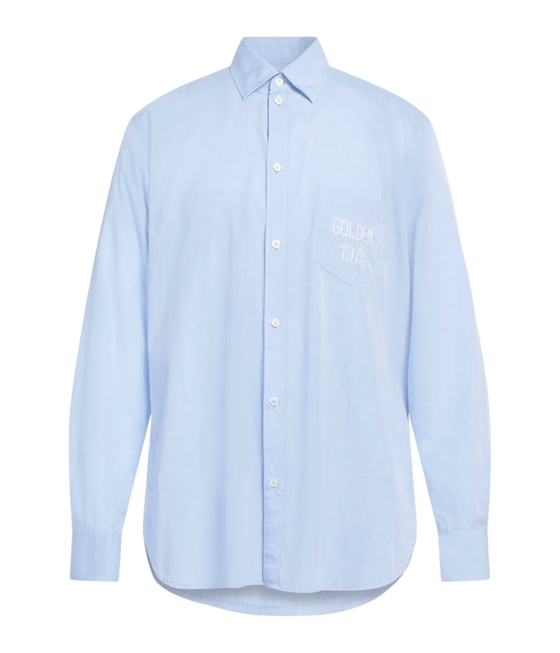 Golden Goose Journey Shirt in blue cotton, featuring a classic button-up design with an embroidered front pocket. The relaxed, loose-fit silhouette offers a timeless, casual style, complete with a pointed collar, long sleeves, and button fastenings down the front.