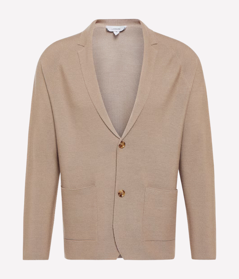 Lardini Knitted Blazer in camel displayed on an invisible mannequin, emphasizing its clean lines and classic design.