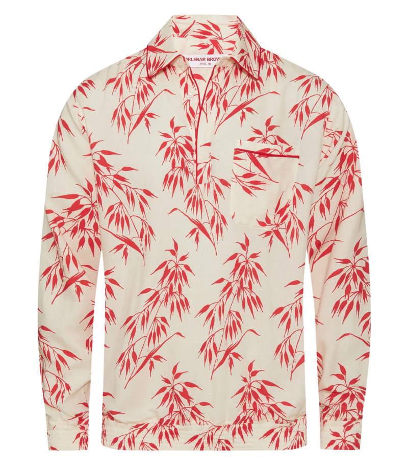 Lakewood long-sleeve overhead shirt in printed linen with red bamboo design, featuring concealed placket, classic collar, pleated back yoke for ease of movement, and branded imitation mother of pearl buttons.