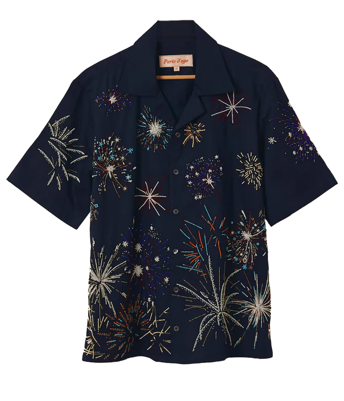 Perte D’ego 'Le Celebration' Fireworks Embroidered Shirt in rich navy cotton, featuring a relaxed fit, Cuban collar, and intricate hand-embroidered beadwork resembling fireworks. Finished with Mother of Pearl buttons for a statement, head-turning look.