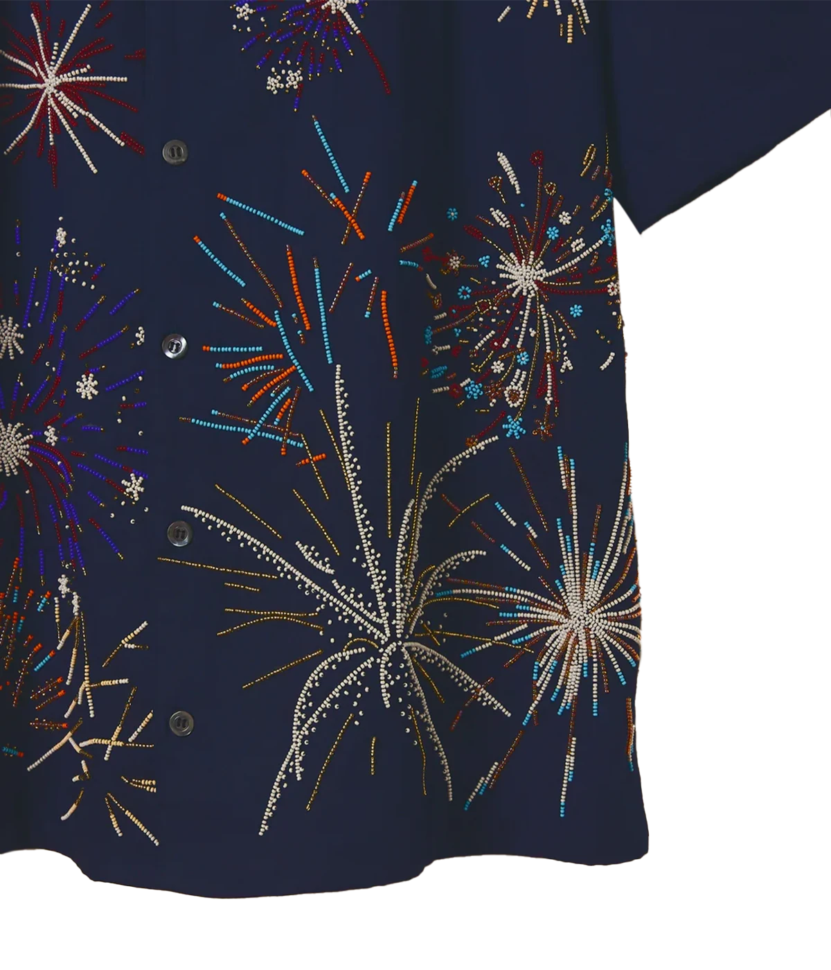 Perte D’ego 'Le Celebration' Fireworks Embroidered Shirt in rich navy cotton, featuring a relaxed fit, Cuban collar, and intricate hand-embroidered beadwork resembling fireworks. Finished with Mother of Pearl buttons for a statement, head-turning look.