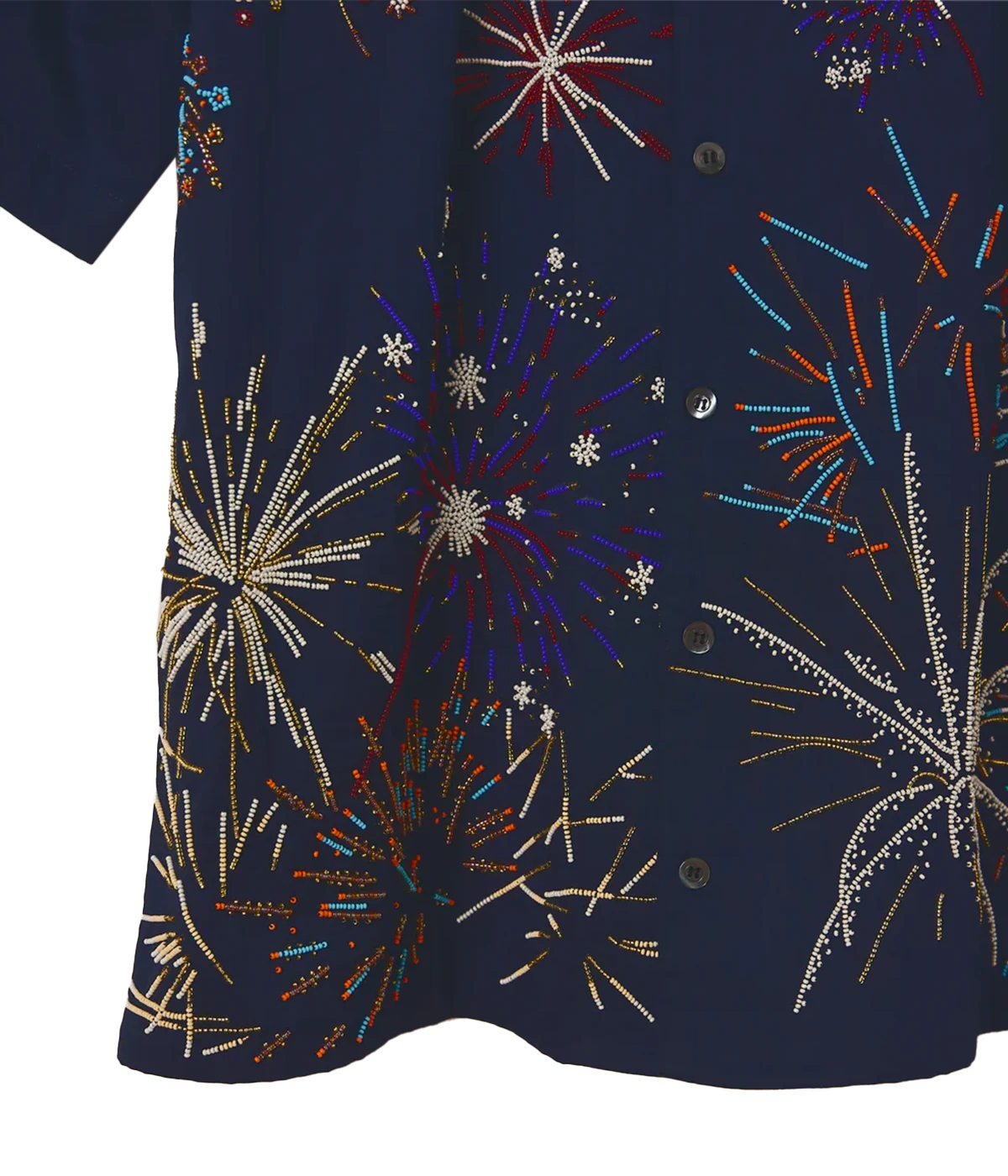 Perte D’ego 'Le Celebration' Fireworks Embroidered Shirt in rich navy cotton, featuring a relaxed fit, Cuban collar, and intricate hand-embroidered beadwork resembling fireworks. Finished with Mother of Pearl buttons for a statement, head-turning look.