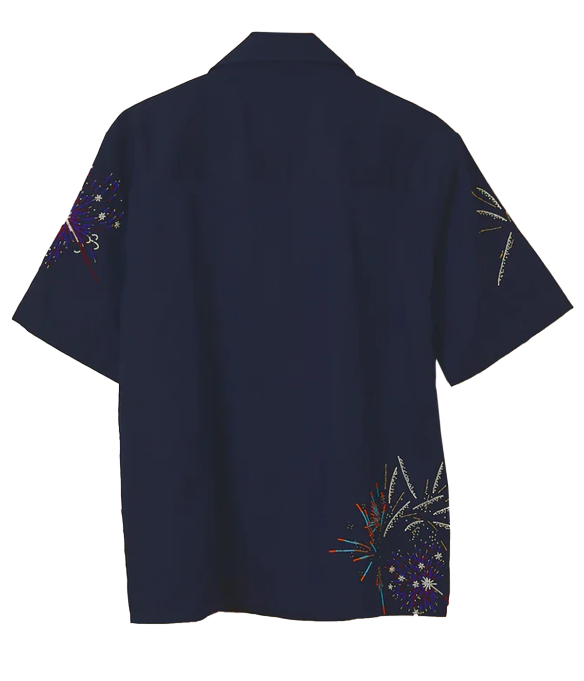 Perte D’ego 'Le Celebration' Fireworks Embroidered Shirt in rich navy cotton, featuring a relaxed fit, Cuban collar, and intricate hand-embroidered beadwork resembling fireworks. Finished with Mother of Pearl buttons for a statement, head-turning look.