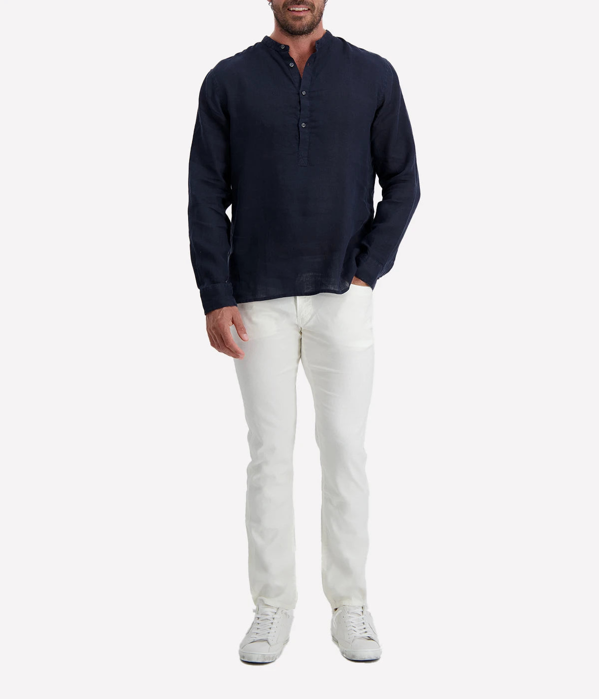 Navy linen Henley shirt by Ingram, featuring a lightweight and breathable design. Crafted for comfort with a relaxed fit and a buttoned placket, perfect for versatile warm-weather styling.