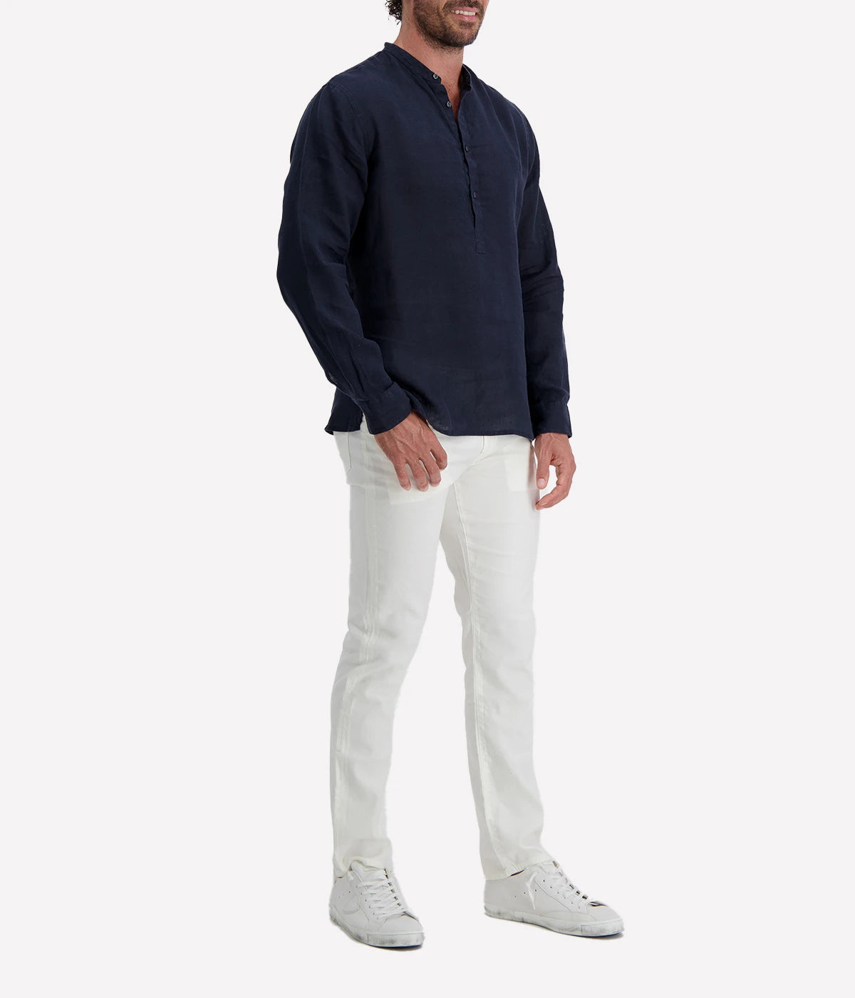 Navy linen Henley shirt by Ingram, featuring a lightweight and breathable design. Crafted for comfort with a relaxed fit and a buttoned placket, perfect for versatile warm-weather styling.