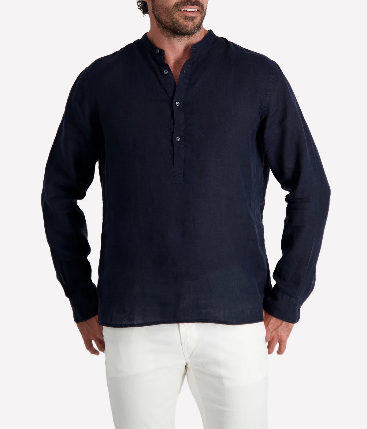 Navy linen Henley shirt by Ingram, featuring a lightweight and breathable design. Crafted for comfort with a relaxed fit and a buttoned placket, perfect for versatile warm-weather styling.