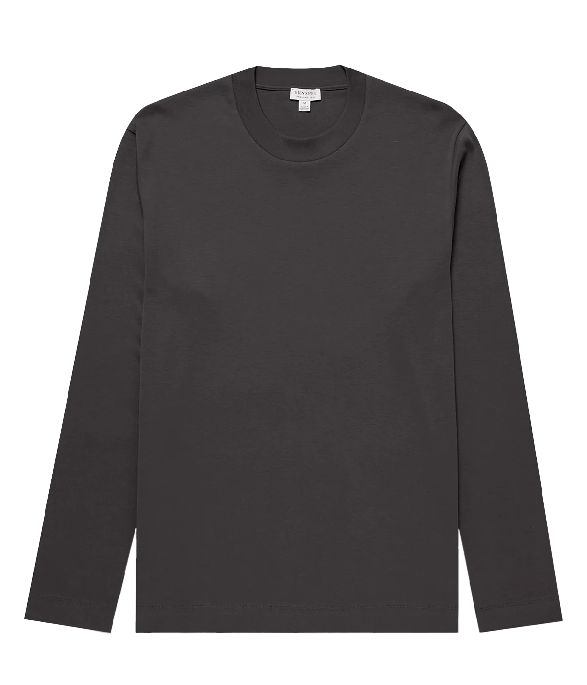 Charcoal long sleeve shirt for men, crafted from carbon-brushed Supima cotton. Ideal winter layering piece with minimalist design, perfect for cold weather styling.