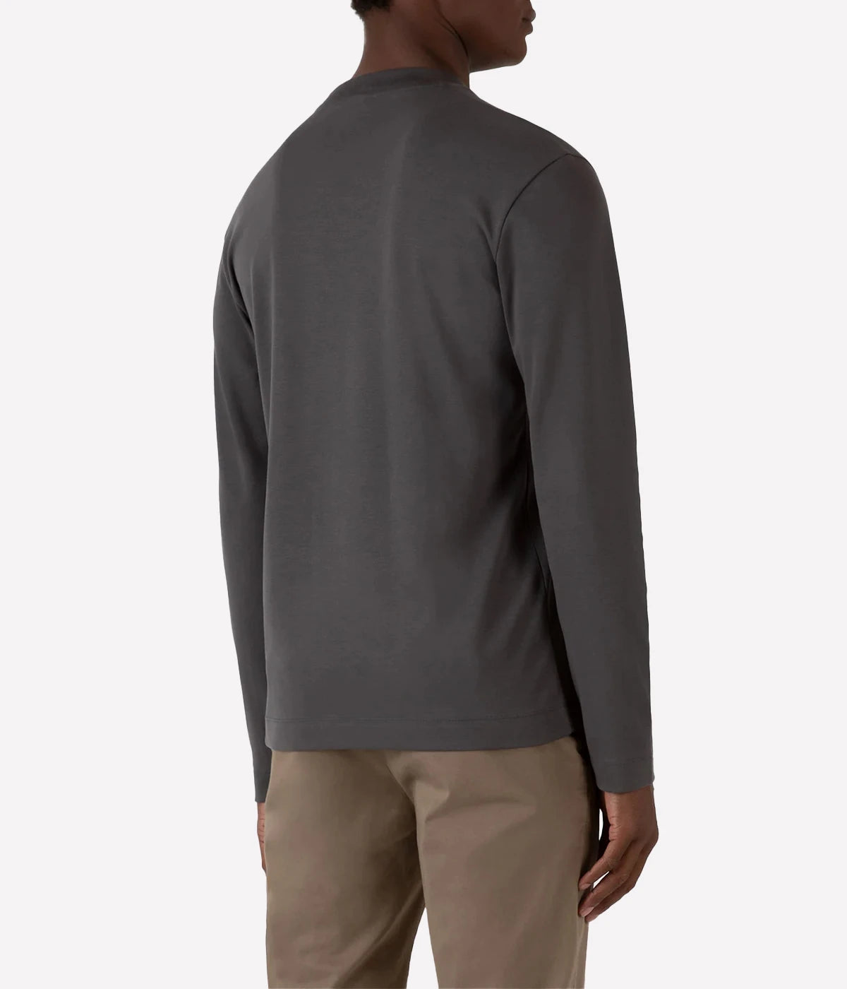 Charcoal long sleeve shirt for men, crafted from carbon-brushed Supima cotton. Ideal winter layering piece with minimalist design, perfect for cold weather styling.