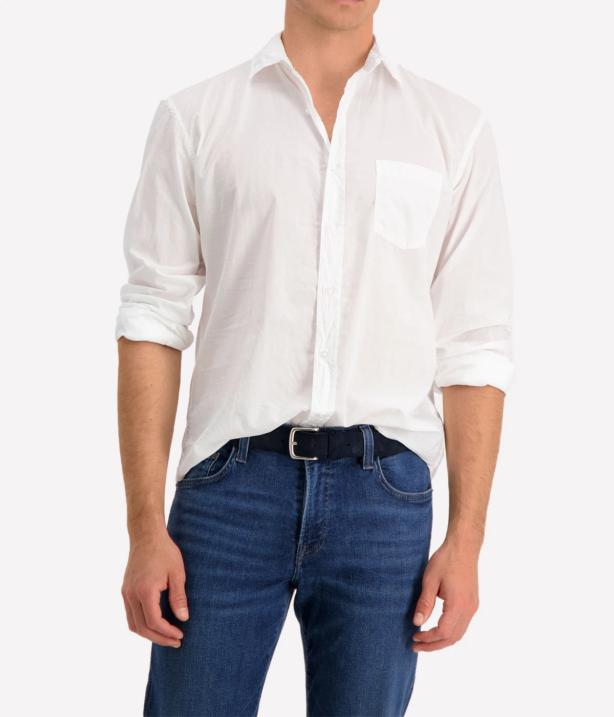 Front view of the Luke Cotton Poplin Shirt, featuring a classic button-down design, crisp collar, and lightweight cotton fabric in a clean, tailored silhouette.