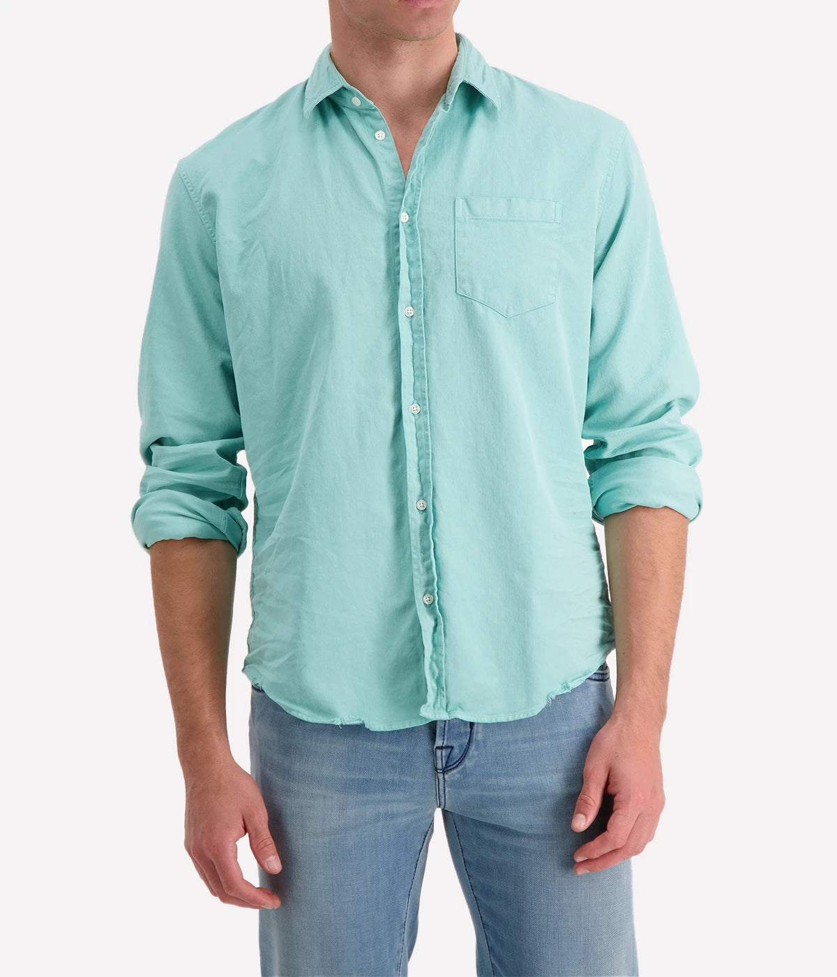 A front view of the Luke Woven Button Down Shirt, showcasing its crisp fabric, button-down collar, and tailored fit.