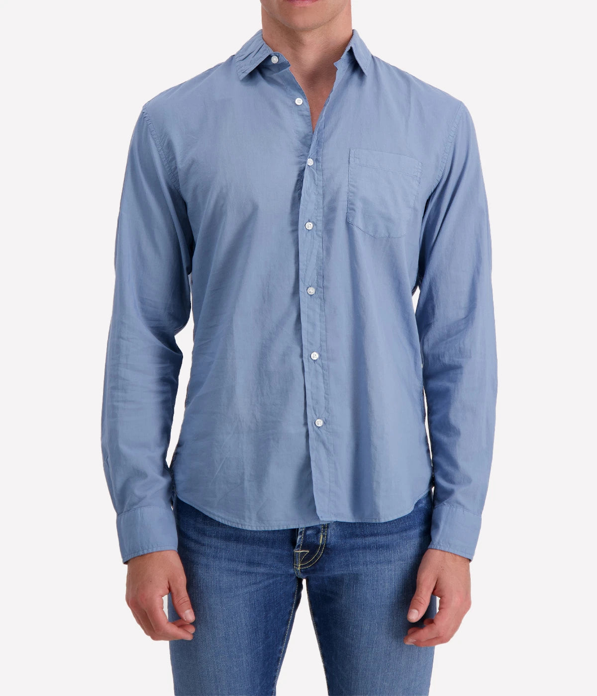 Front view of the Luke Woven Poplin Button-Up shirt, showcasing its light Italian poplin cotton, chest pocket, and fold-over collar.