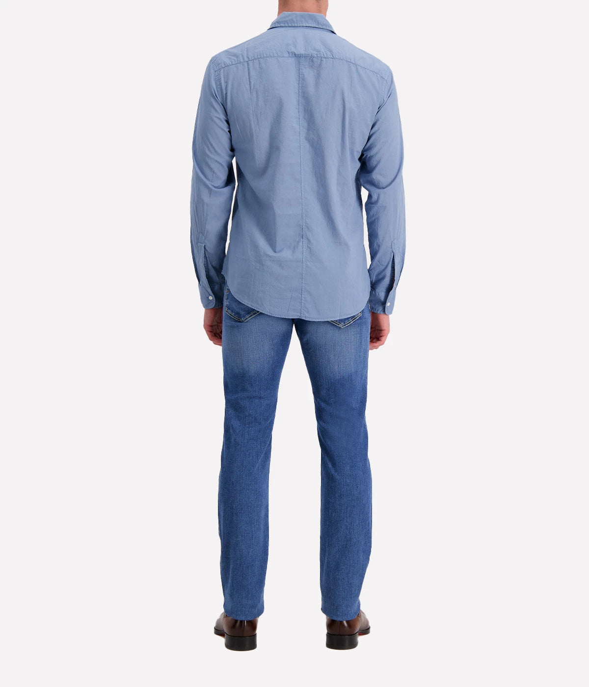 Back view of the Luke Woven Poplin Button-Up shirt, highlighting the centre back seam and clean tailoring.