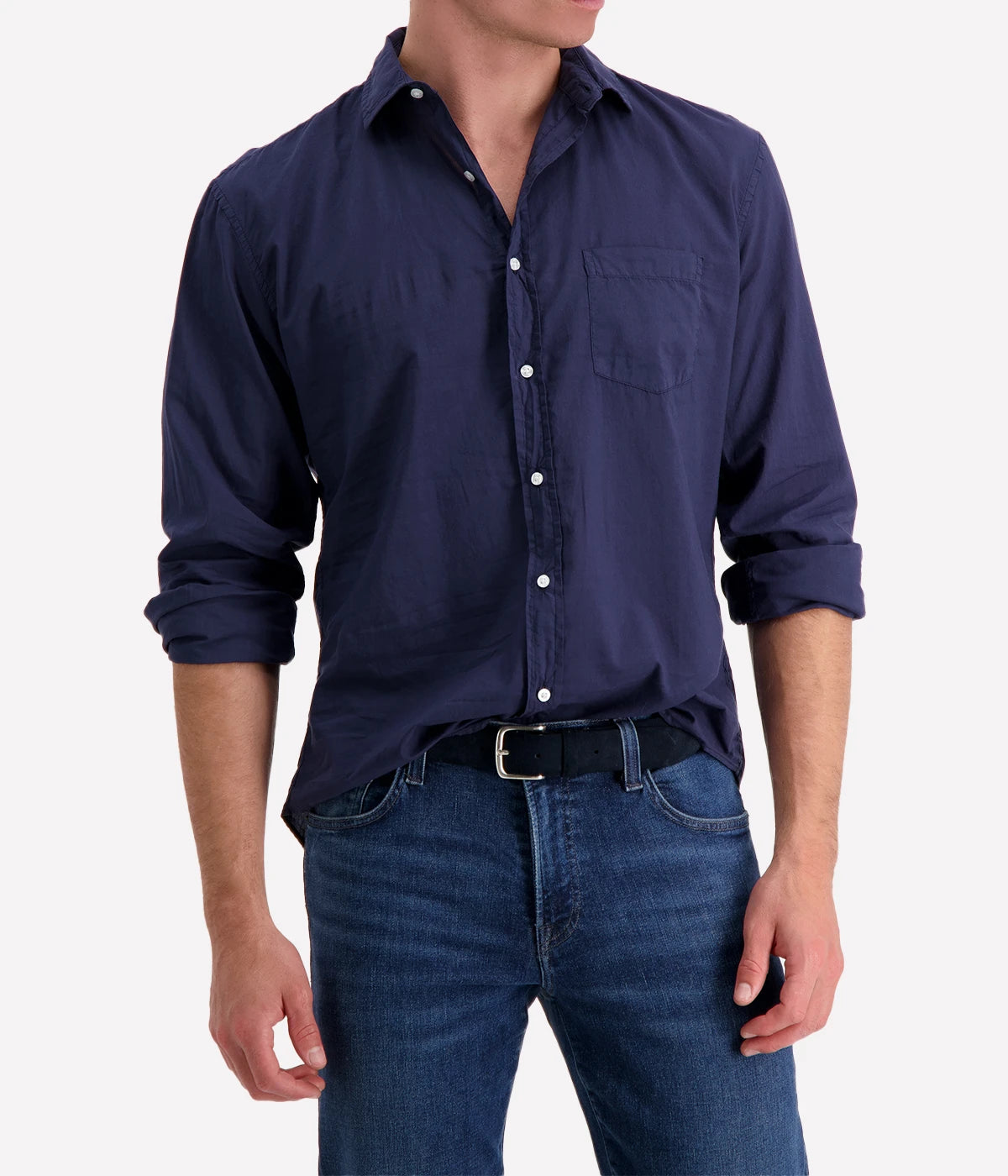 A front view of the Luke Woven Button Down Shirt, showcasing its crisp fabric, button-down collar, and tailored fit.