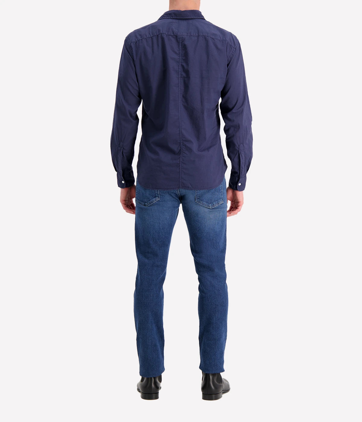 A back view of the Luke Woven Button Down Shirt, featuring its seamless construction and neat yoke detail.