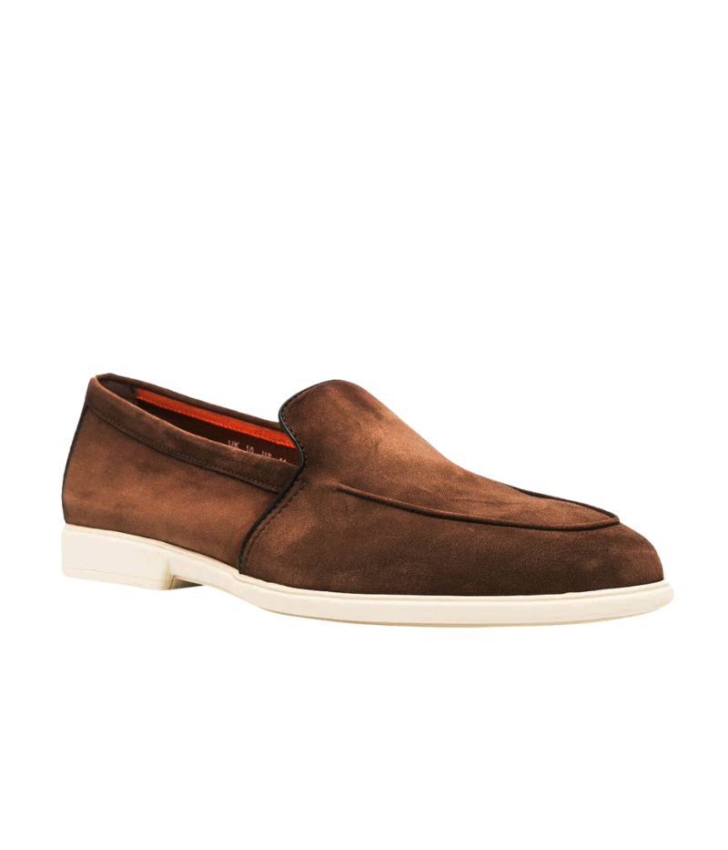 Malibu Loafer in brown, crafted from buttery-soft burnished suede with a flexible rubber sole. Features a leather upper and synthetic lining, combining luxury, style, and all-day comfort. Made in Italy.