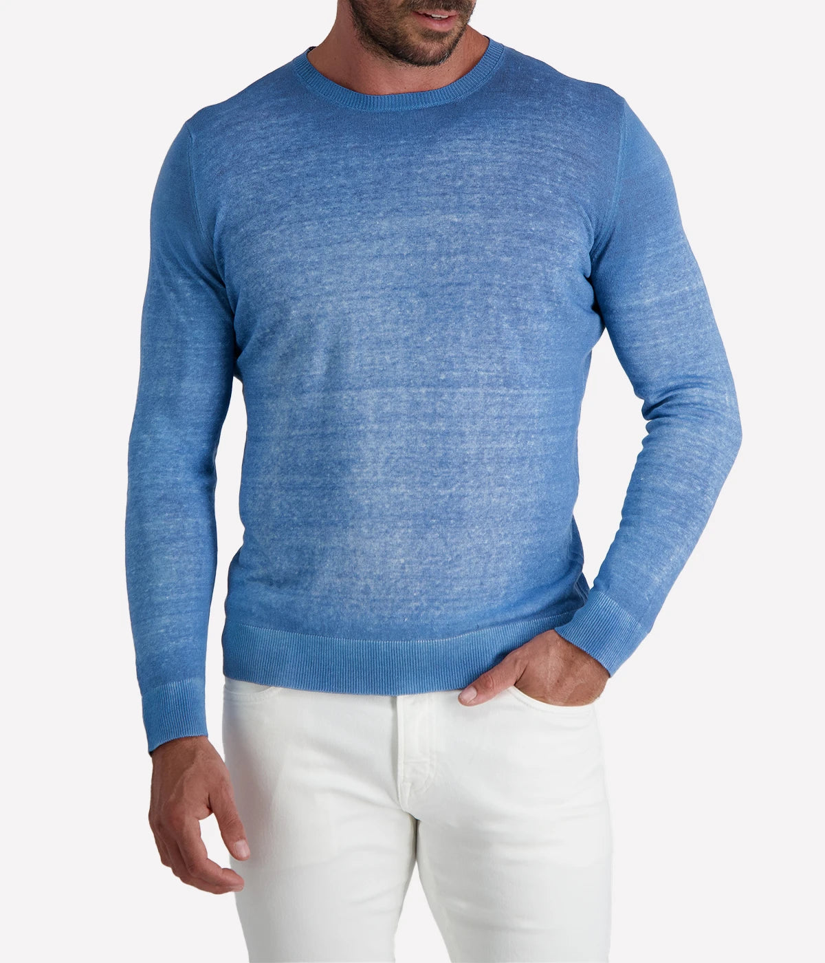 Close-up of the Avant Toi pullover in *Water*, a rich blue shade. This lightweight knit features a relaxed fit and a soft, textured finish, crafted in Italy for effortless sophistication.