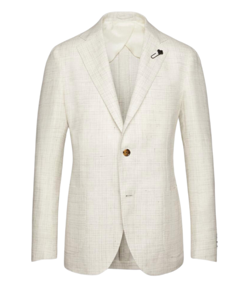 A white/cream Lardini jacket crafted from a blend of 60% flax and 40% virgin wool. The single-breasted design features a classic lapel and is finished with the signature Lardini boutonnière. Tailored fit for a sharp, refined silhouette.