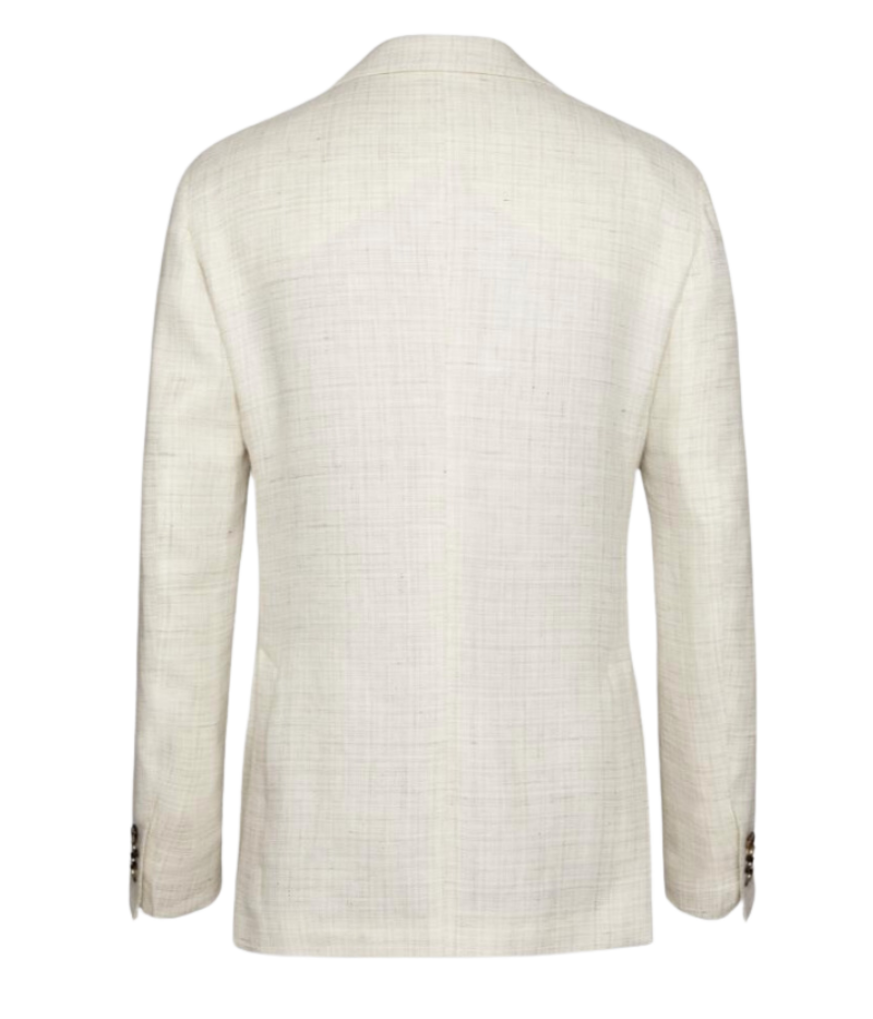 A white/cream Lardini jacket crafted from a blend of 60% flax and 40% virgin wool. The single-breasted design features a classic lapel and is finished with the signature Lardini boutonnière. Tailored fit for a sharp, refined silhouette.