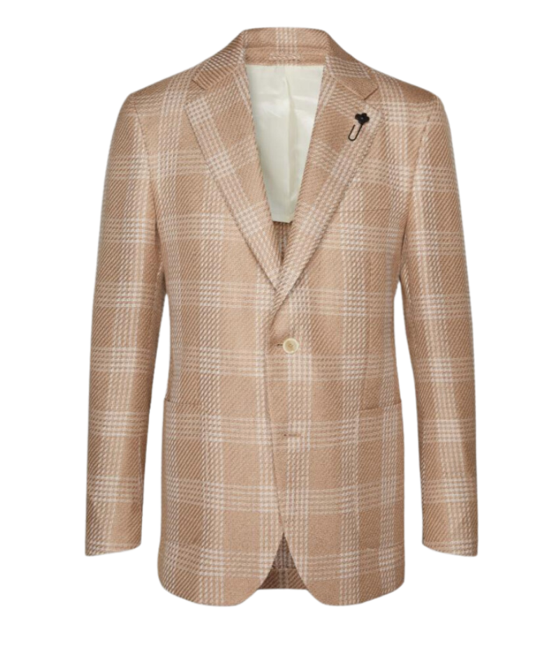 Beige and cream checked Lardini blazer made from a cotton and flax blend, featuring a single-breasted design, signature lapel flower, and a lightweight, half-lined interior.