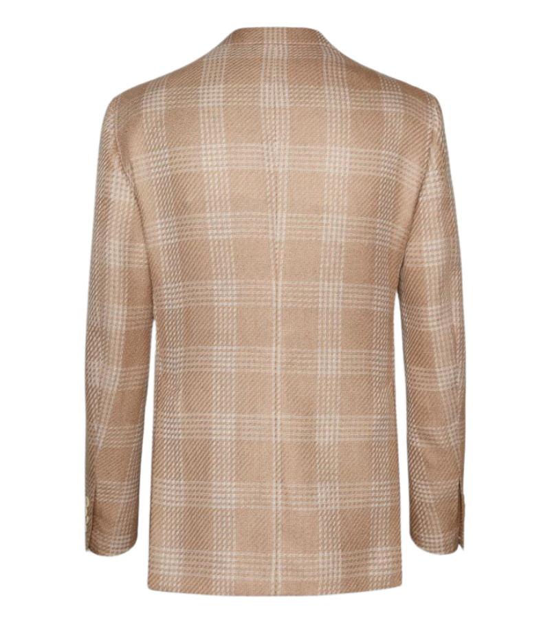 Beige and cream checked Lardini blazer made from a cotton and flax blend, featuring a single-breasted design, signature lapel flower, and a lightweight, half-lined interior.