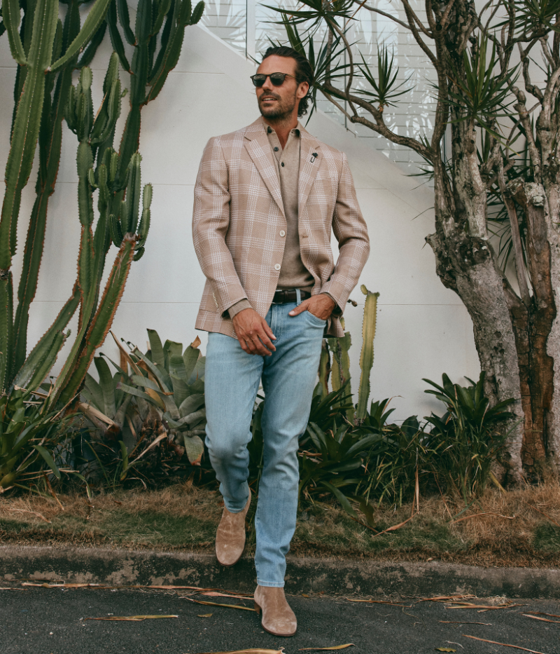 Beige and cream checked Lardini blazer made from a cotton and flax blend, featuring a single-breasted design, signature lapel flower, and a lightweight, half-lined interior.