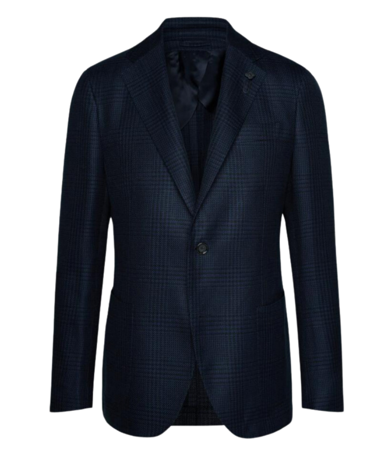 Navy checked Lardini blazer crafted from a cotton and flax blend, featuring a single-breasted design, subtle check pattern, signature lapel flower, and lightweight half-lined interior.